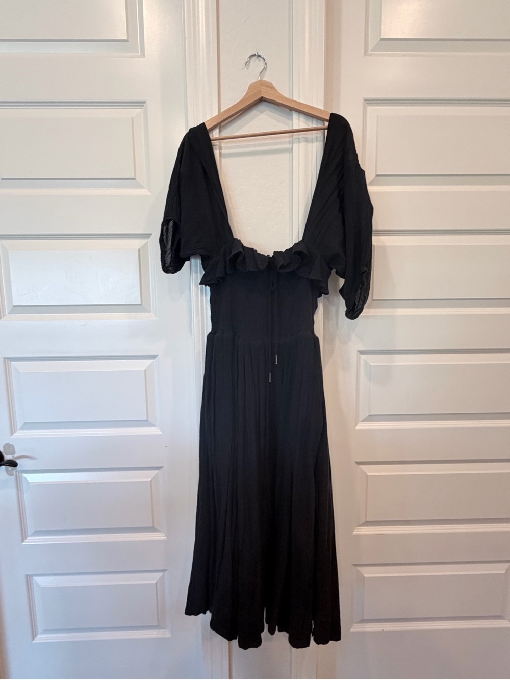 Free People Black Maxi Dress with Ruffle bodice and off-the-shoulder sleeves